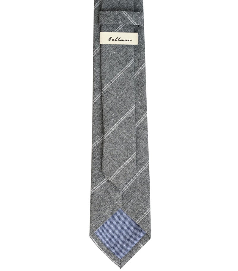 BELLUNO 2.5 inch Skinny Tie for Men, Cotton Linen Slim Neckties Gray Stripe - Image 5